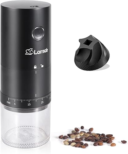 Lamido Molinillo de café eléctrico portátil con rebabas cónicas de cerámica, 38 ajustes de molienda ajustables, batería recargable de 1500 mAh,