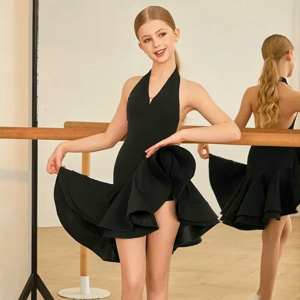 JJDFW - Vestito estivo da danza latina, per ragazze, gonna con collo appeso, Cha-cha, Samba, rumba, danza, allenamento, per bambini