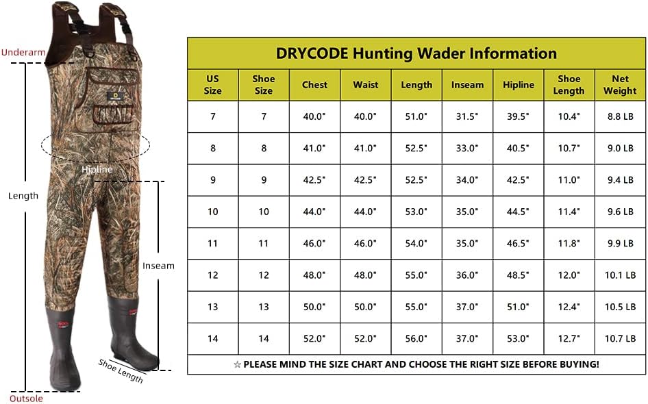 DRYCODE Chest Waders, Neoprene Waders for Men with 600G Boots, Waterproof Insulated Camo Duck Hunting Waders, Wader for Women