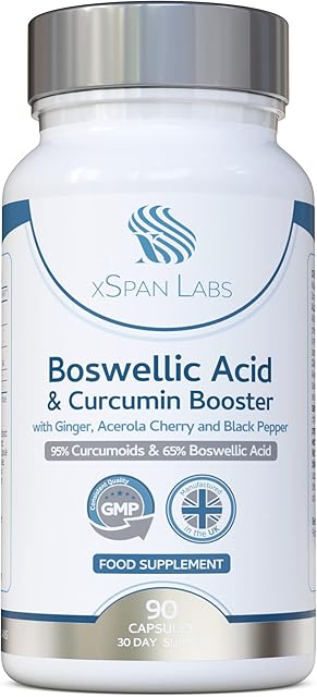 Boswellic Acid & Curcumin Booster Complex 1 Month Supply, 90 Capsules containing Minimum 95% Curcumoids & 65% Boswellic Acid - with Added Ginger, Acerola Cherry and Black Pepper