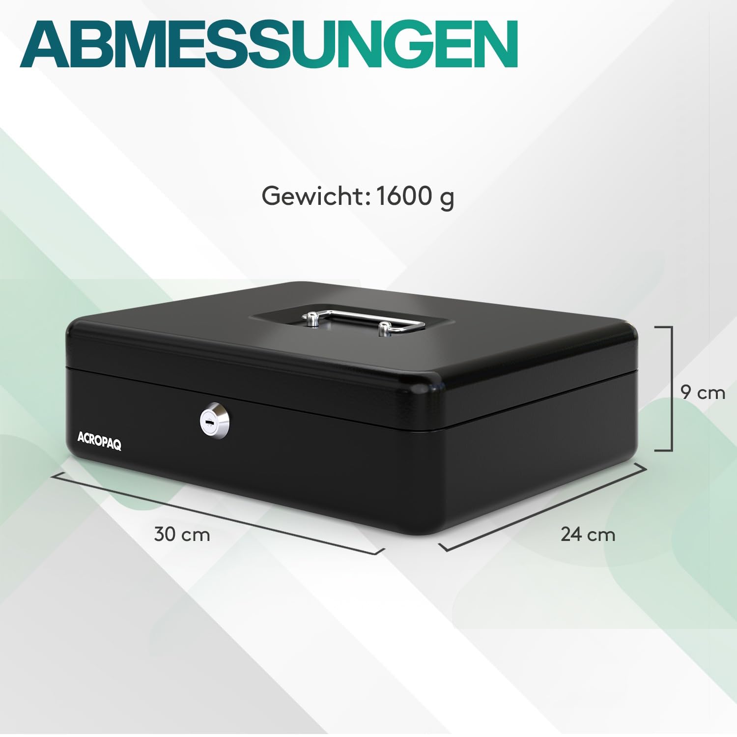 ACROPAQ Geldkassette abschließbar - (30 x 24 x 9 cm), Kasse mit Münzzählbrett, Stahlkonstruktion, Mit 2 enthaltenen Schlüsseln, Schwarz - Geld Kassette zum Abschließen, Geldkasse, Kassa Box