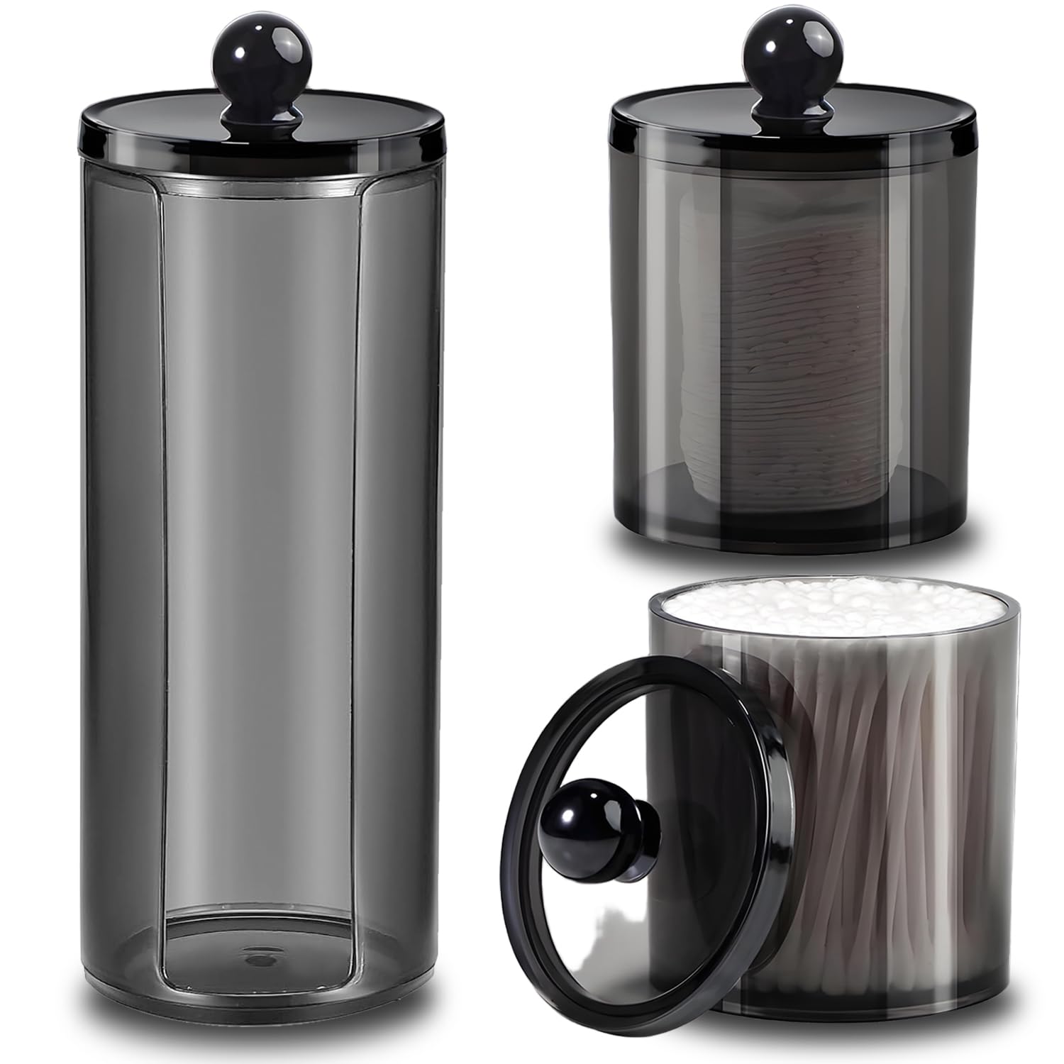 WUMUTI 3 PCS Cotton Pad Dispenser Cotton Bud Holder, Black Swab Holder, Bud Dispenser Jars with Lid, Bathroom Canisters Storage for Ball, Round Pad , Acrylic Cosmetic Storage Jars