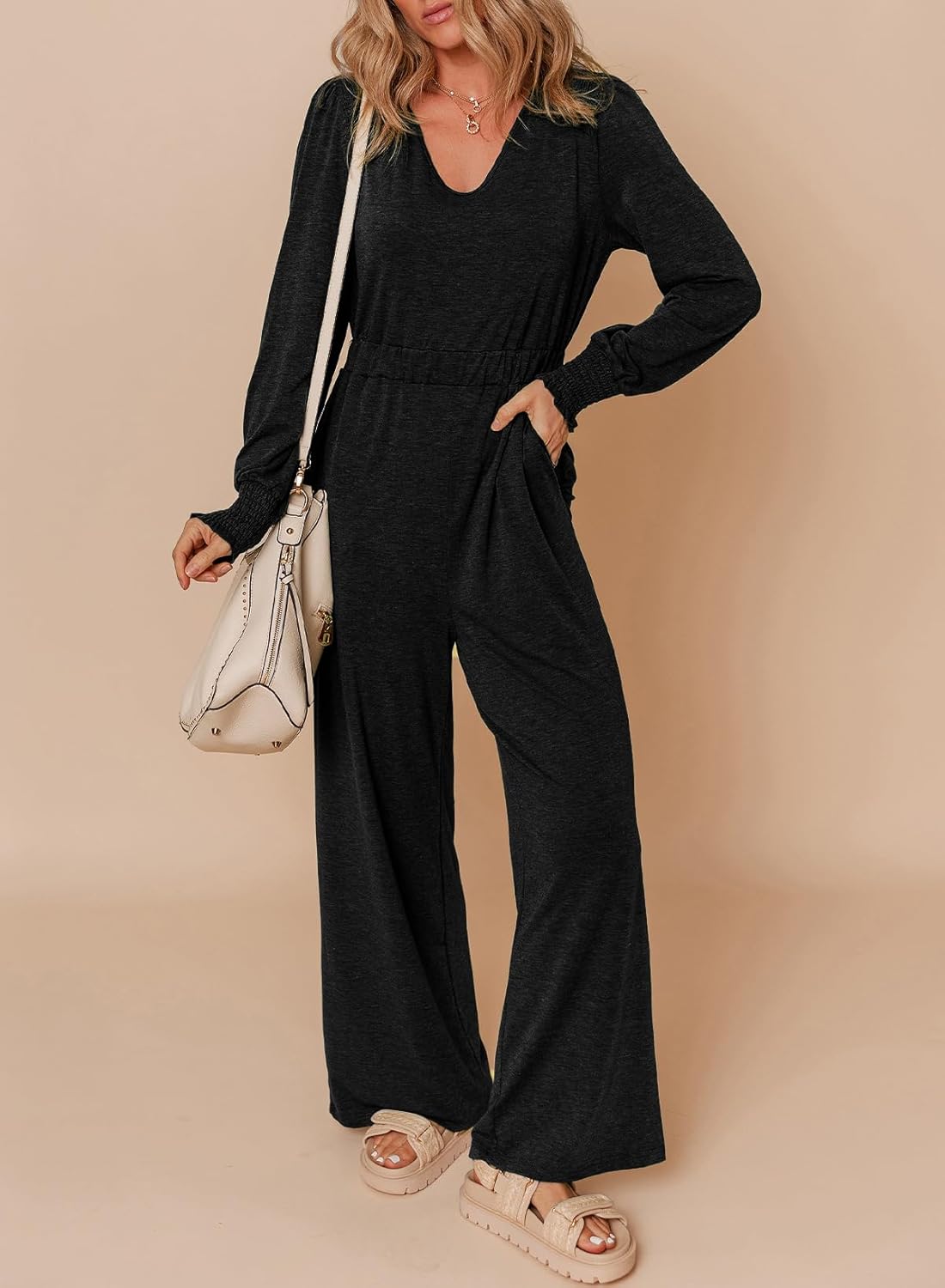 Dokotoo Lantern Long Sleeve Jumpsuit Wrapped V Neck Elegant for Womens Dressy Casual 2024 Fall One Piece Romper Outfits - Image 5