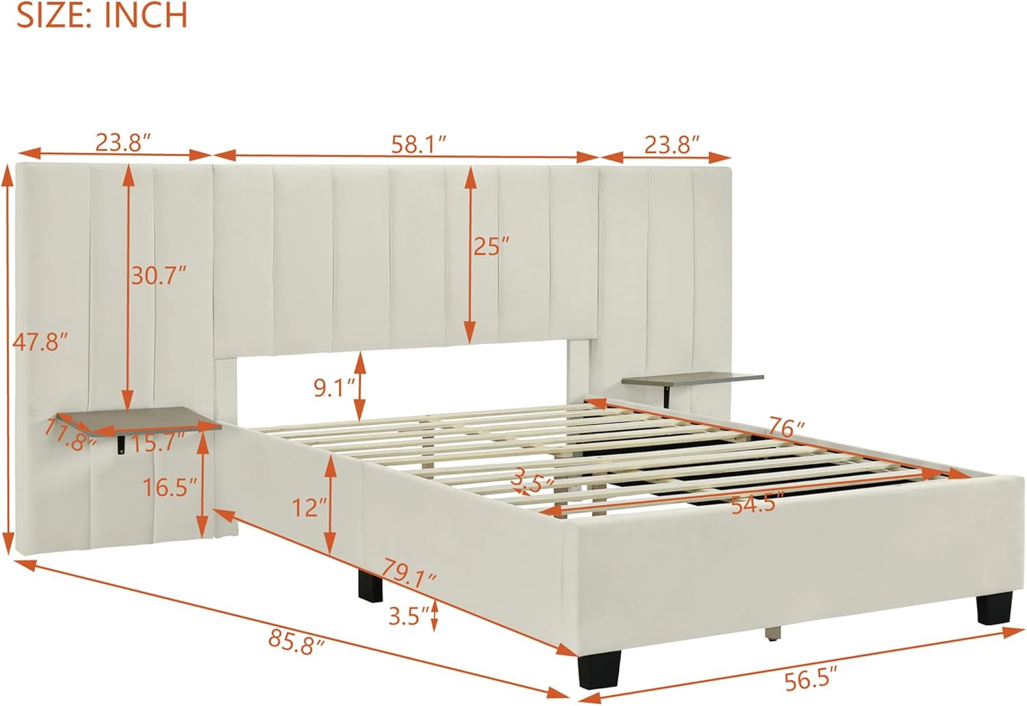 Luxurious Full Bed Frame, Platform Bed with Oversized Upholstered Headboard and 2 Storage Shelves, No Box Spring Required, Comfortable Bedroom Furniture.Beige
