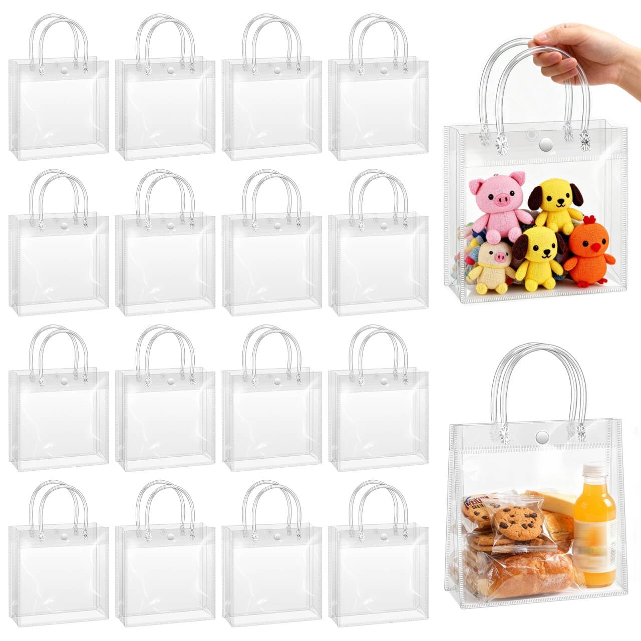 BadenBach 16 Pack Clear Gift Bags with Handles, 7.9" x 7.9" x 3.2" Small Reusable Plastic Party Favor Bags Bulk, Transparent PVC Tote Bag for Wedding, Birthday, Valentine's Day, Boutique (20x20x8 cm)