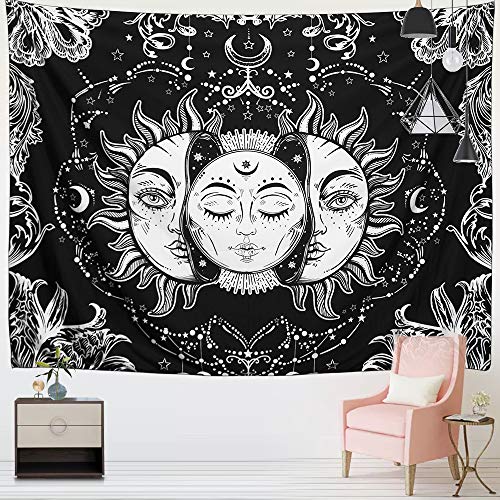Arfbear Sun And Moon Tapestry, Sun With Stars Psychedelic Popular Mystic Wall Hanging Tapestry For Bedroom Aesthetic Black And White Beach Blanket (Medium-59 X 51 In) #TOP1