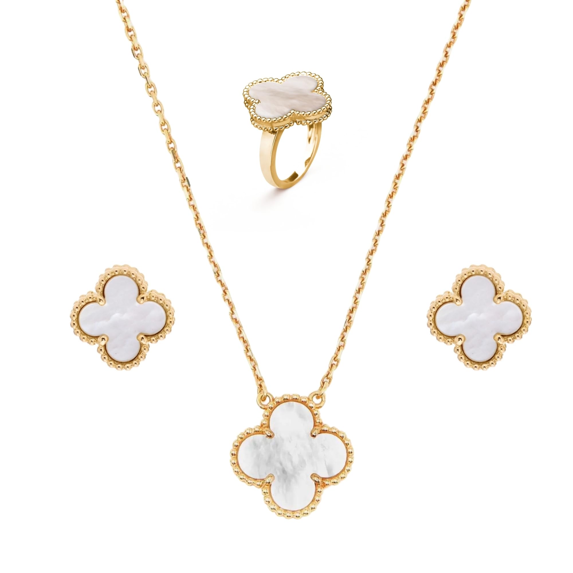 Salve Van Cleef Inspired White Clover Adjustable Ring Gold Chain and Earrings Set for Women, Fancy Jewellery Set for Girls Accessories | Stainless Steel Jewellery Set for Women, Necklace Set for Women (B0D77Q5BMF) Amazon Price History, Amazon Price Tracker