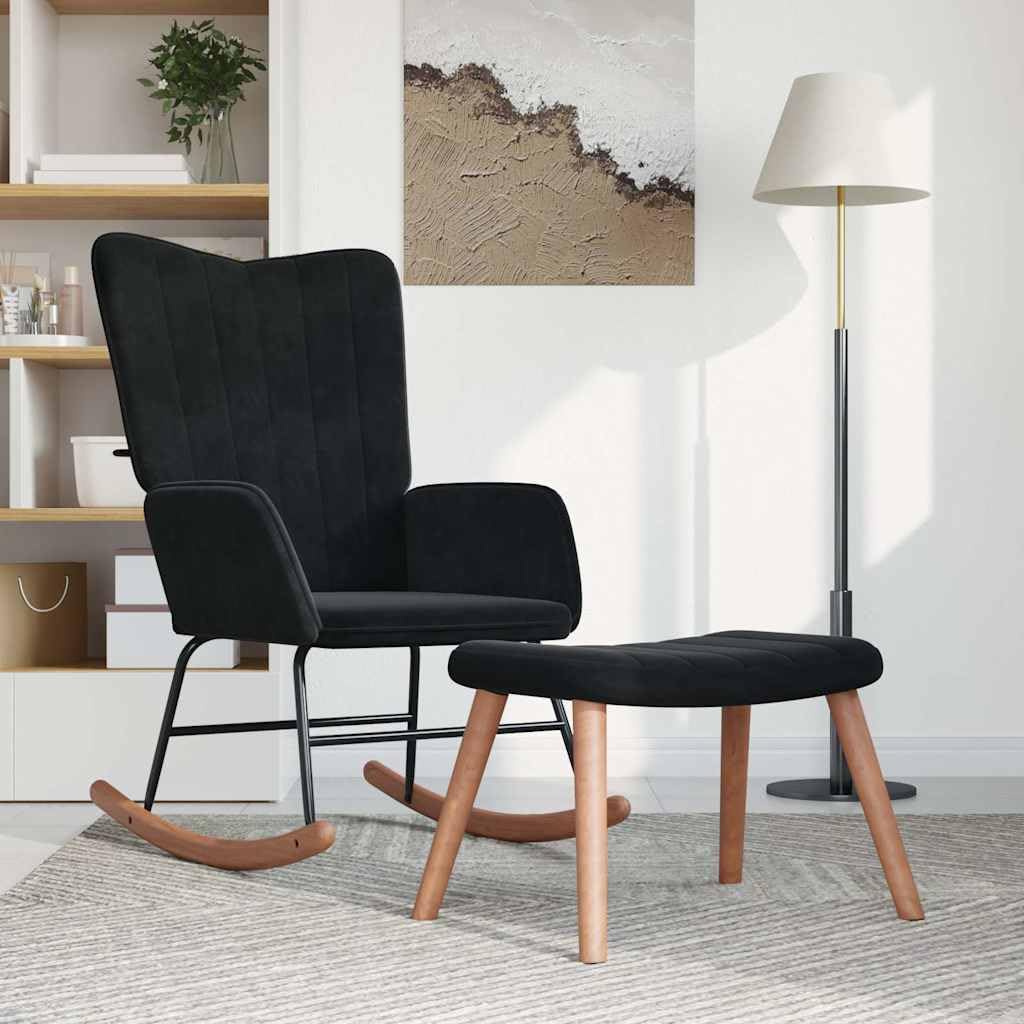 Mecedora con taburete de terciopelo negro, sillón relax con acolchado, estructura de madera, silla balancín ergonómica para salón, dormitorio, habitación de bebé, ideal para relajarse y