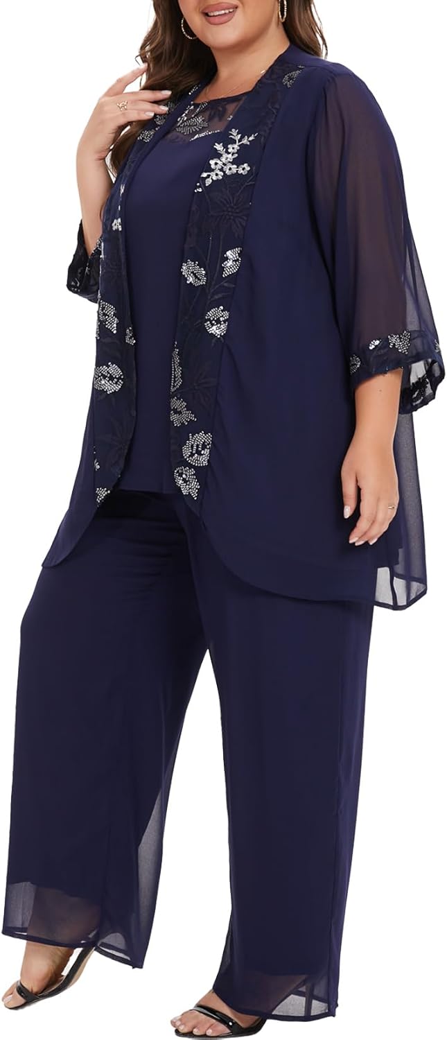 3 Piece Mother of The Bride Pant Suits Plus Size Chiffon Sets Embroidered Laces Wedding Guest Outfit with Jacket - Image 3