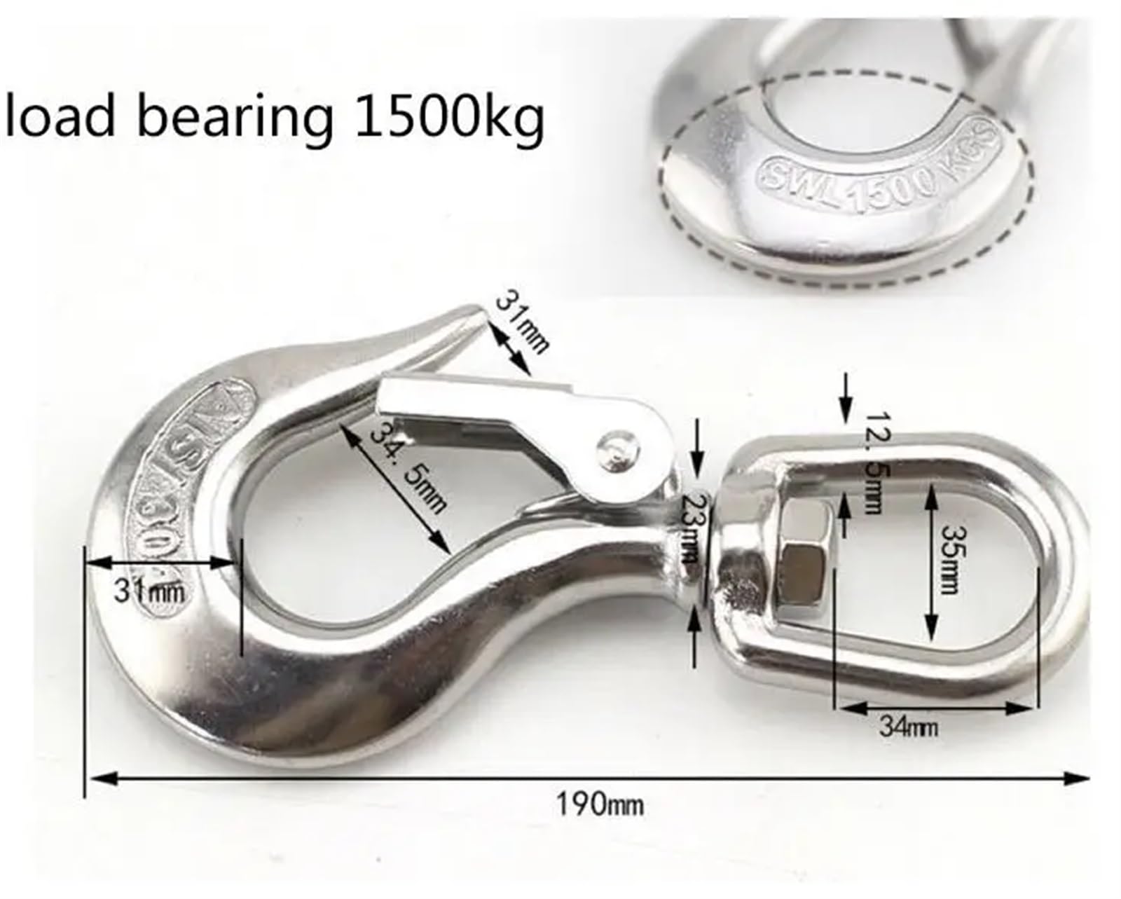 Gancho de elevación de seguridad, gancho de elevación giratorio, carga 150/350/650/1000/1500 kg, rotación de 360 ​​grados, cuerpo grueso, gancho de carga antideslizamiento, acero inoxidable 304(Load 1