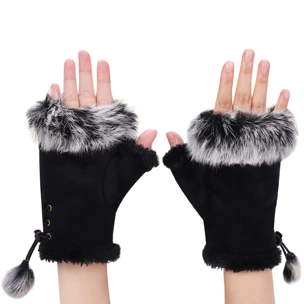 Women Winter Warm Fingerless Gloves Rabbit Fur Half Finger Mittens Half Finger Suede Leather Short Gloves Wrist Warmer Texting Gloves Ski Gloves Snow Gloves Cold Weather Gloves Outdoor Sport Gloves