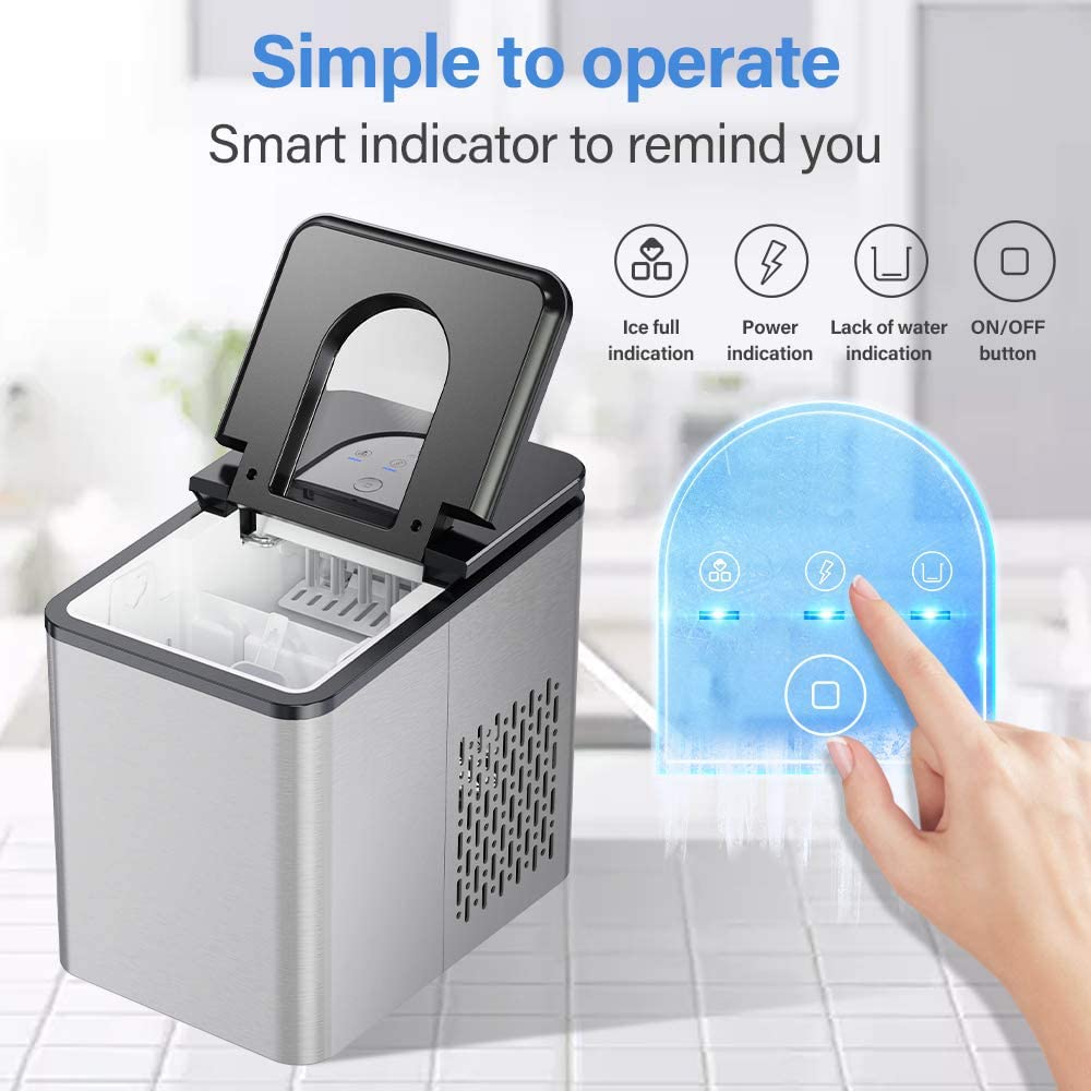 Control panel of SOOPYK ice maker showing Ice Full, Power, Lack of Water indicators and ON/OFF button