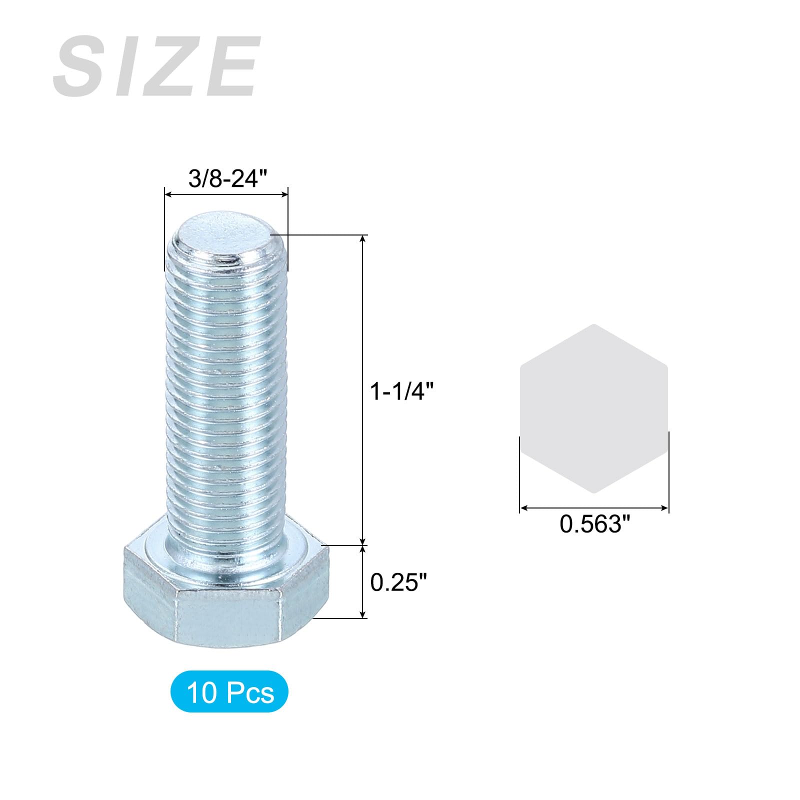 METALLIXITY Hex Bolts (3/8-24 x 1-1/4") 10Pcs, Carbon Steel Zinc Plated, UNF Fine Thread, External Hex Drive - Image 2