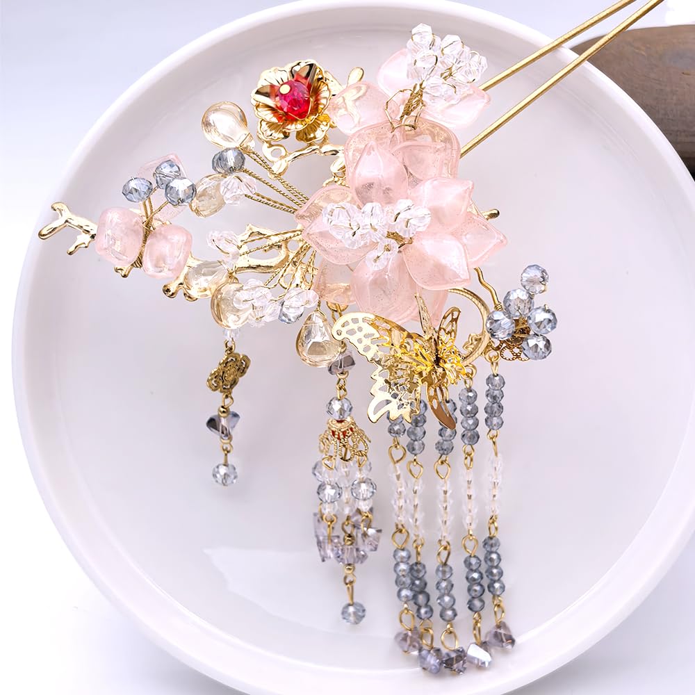1pcs Rabithenn White Jasmine Hairpin with Three Flowers and Blue Stamens - Chinese Floral Hair Stick, Elegant Vintage Asian Hair Accessory for Women (Jasmine White)