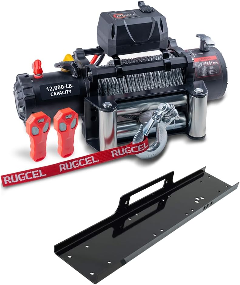 RUGCEL WINCH 12000lb 12V Waterproof Electric Black Steel Rope Electric Winch+RUGCEL WINCH Winch Mounting Plate(36")