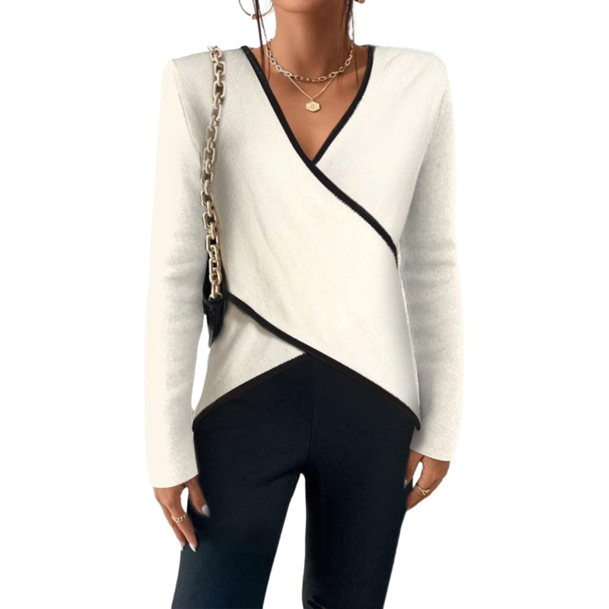 HVT Womens Wrap V Neck Long Sleeve Sweater Top Contrast Trim Cross Front Blouse Elegant Slim Fit Casual