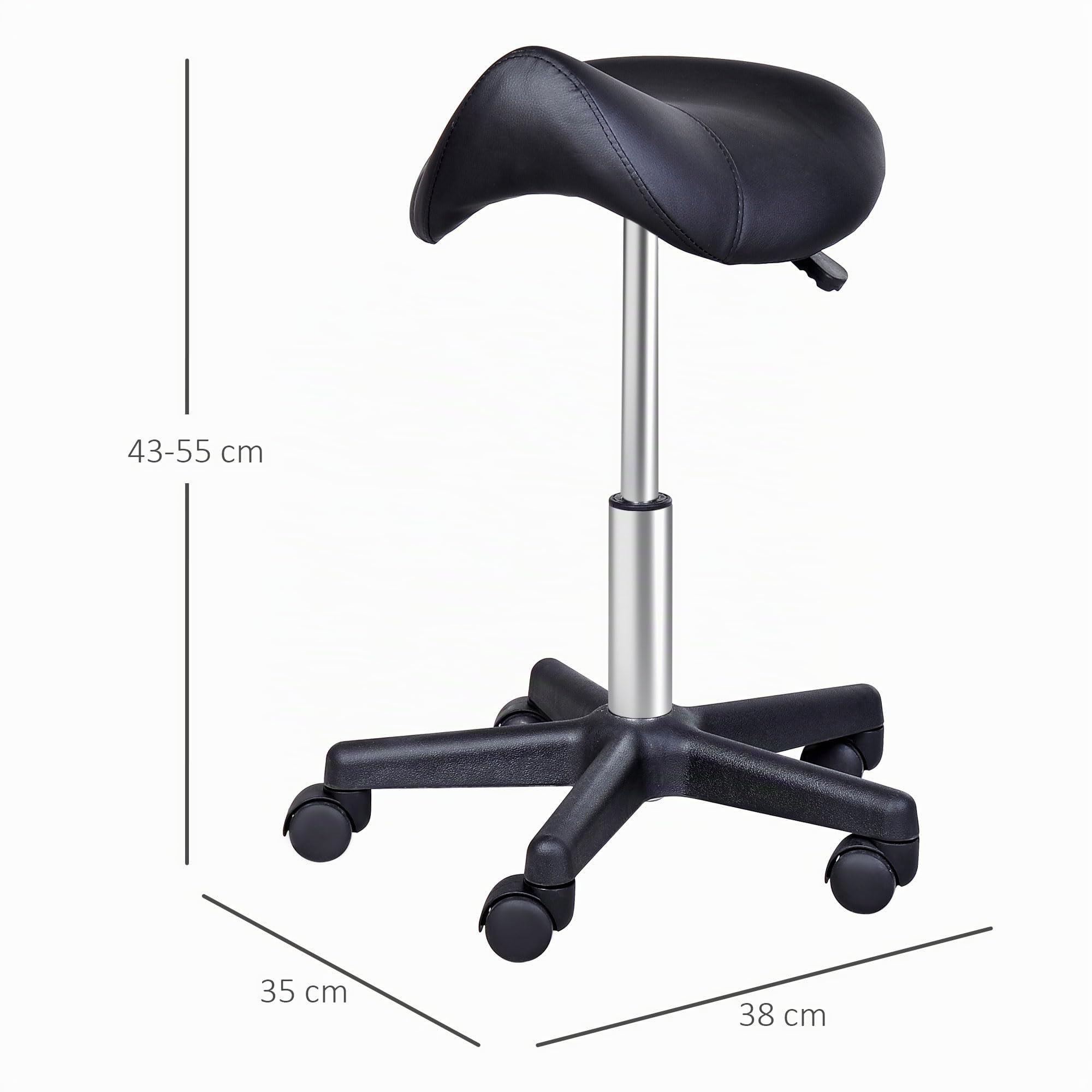 HOMCOM Tabouret à roulettes, Tabouret de Massage avec Hauteur réglable 43-55 cm et Selle Ergonomique, Chaise de Travail à roulettes pivotant 360°, pour Salon de Massage, Tatouage, Clinique, Spa, Noir