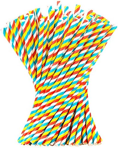 Biodegradable Paper Straws Red Yellow Blue - Compostable Drinking Decorative Striped Straw Set of 100. For Party Christmas Birthdays Baby Shower Holidays Crafts Bridal Shower - Bulk Disposable Staws