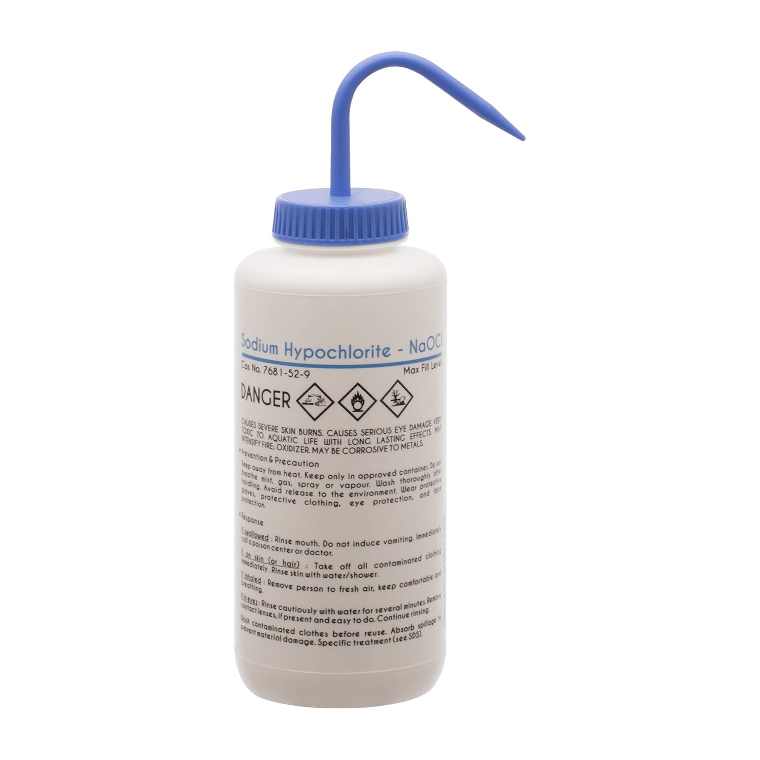 6PK Wash Bottle for Sodium Hypochlorite (Bleach), 1000ml - Color Coded Chemical & Safety Information (2 Color) - Wide Mouth, Self Venting, LDPE - Performance Plastics by Eisco Labs