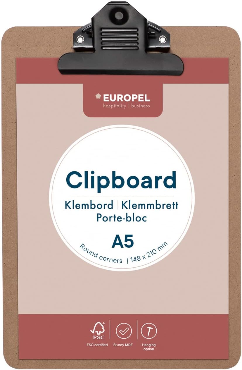 EUROPEL A5 MDF Clipboard | Smooth Hardboard Writing Surface & 75mm Rust-Resistant Metal Clip | Concealed Hanging Hole | A5 Paper Board for School Office Restaurant Warehouse Coaching | Brown