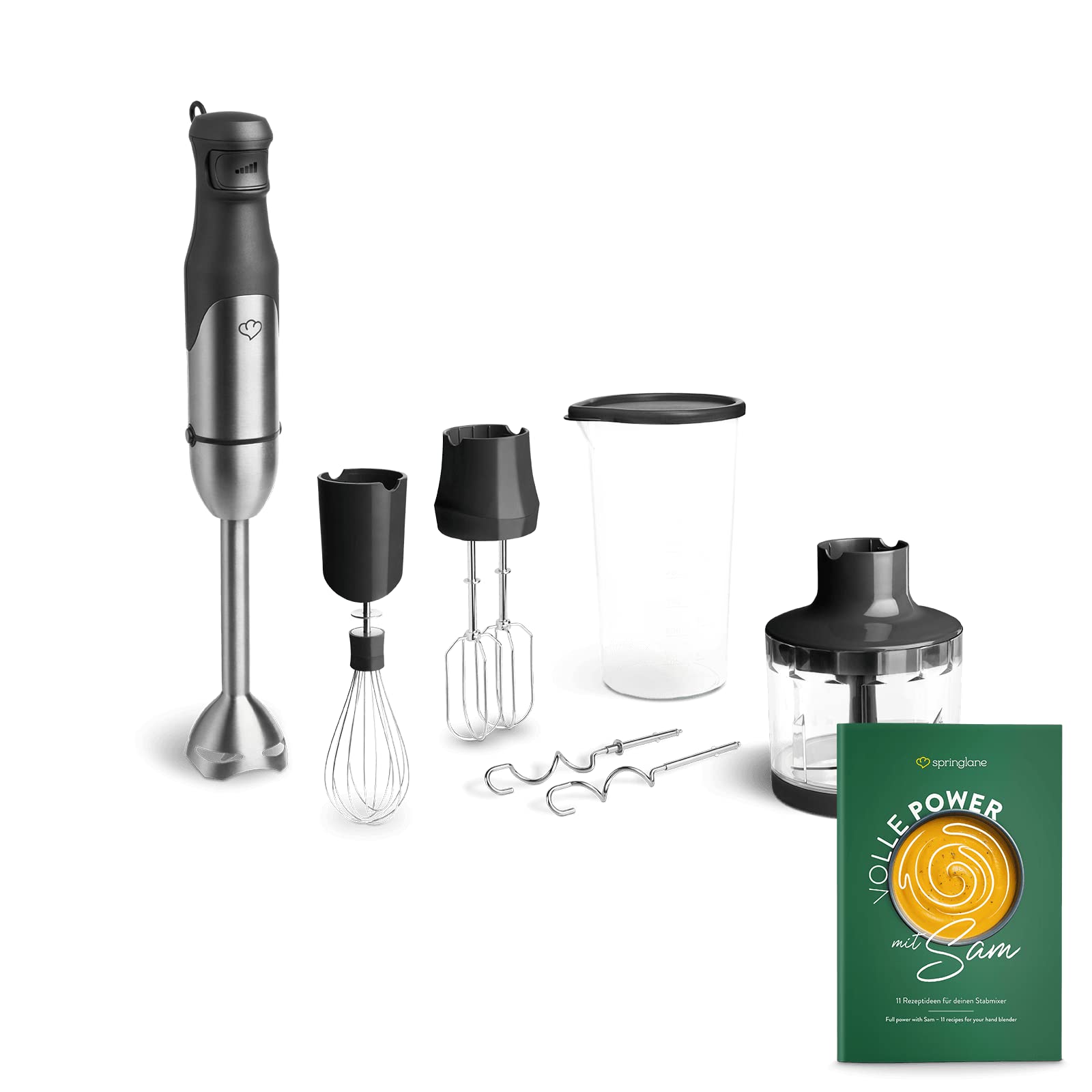 Springlane Stabmixer Set Sam 800 Watt, Pürierstab aus Edelstahl mit Zerkleinerer, Schneebesen & Knethaken, Mixbecher & Aufbewahrungstasche, Multifunktionales Pürierer Set + Rezeptbuch
