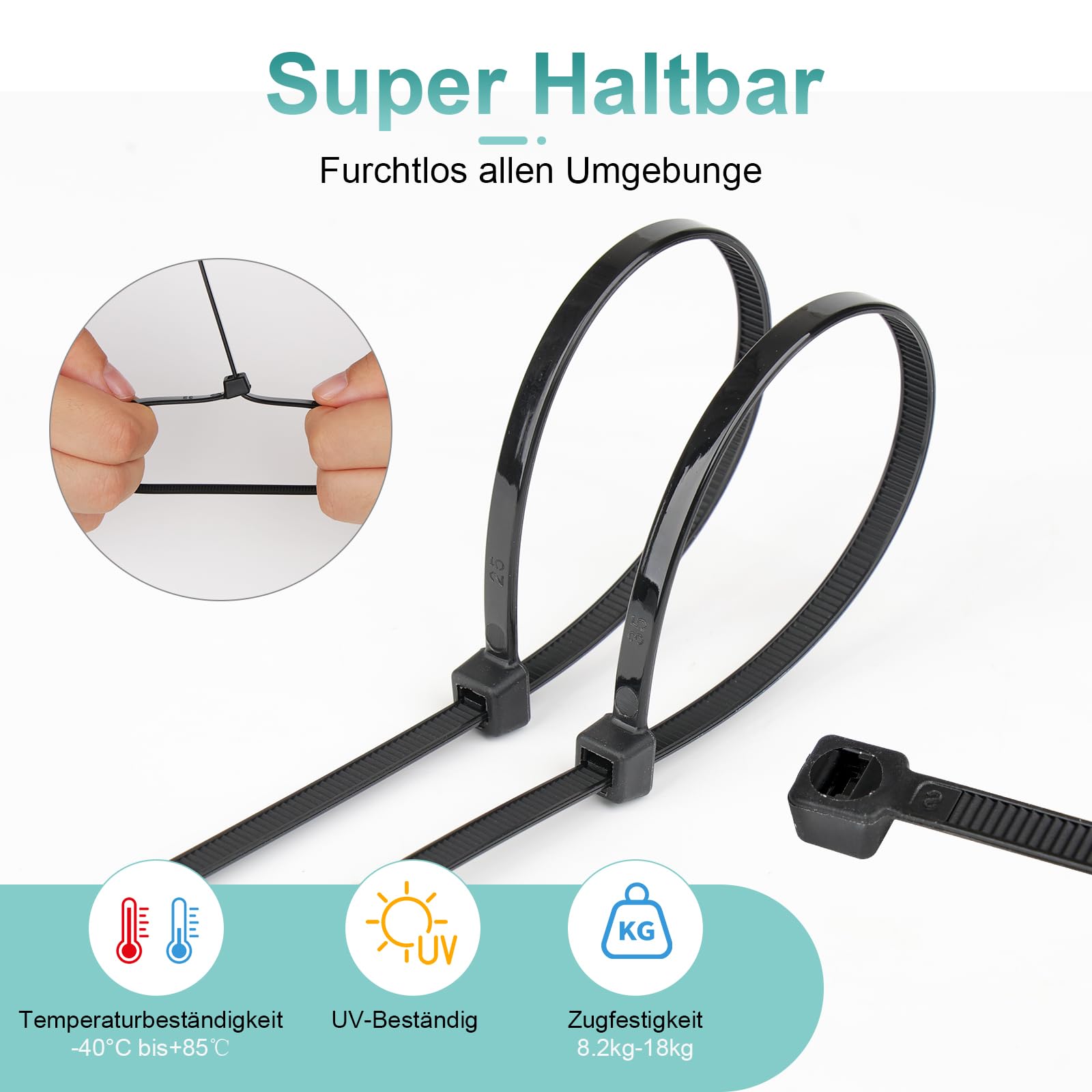 Produktbild von Kabelbinder Schwarz 100mm – 200 Stück, Selbsthemmend, UV-beständig, Zugfestigkeit 22kg, Für Innen & Außen