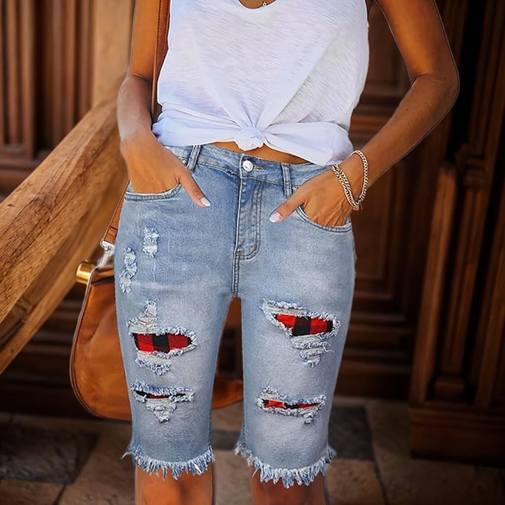 Women Distressed Washed Denim Jean Short Ripped Knee Lenght Denim Shorts Mid Waist Stretchy Frayed Jean Shorts