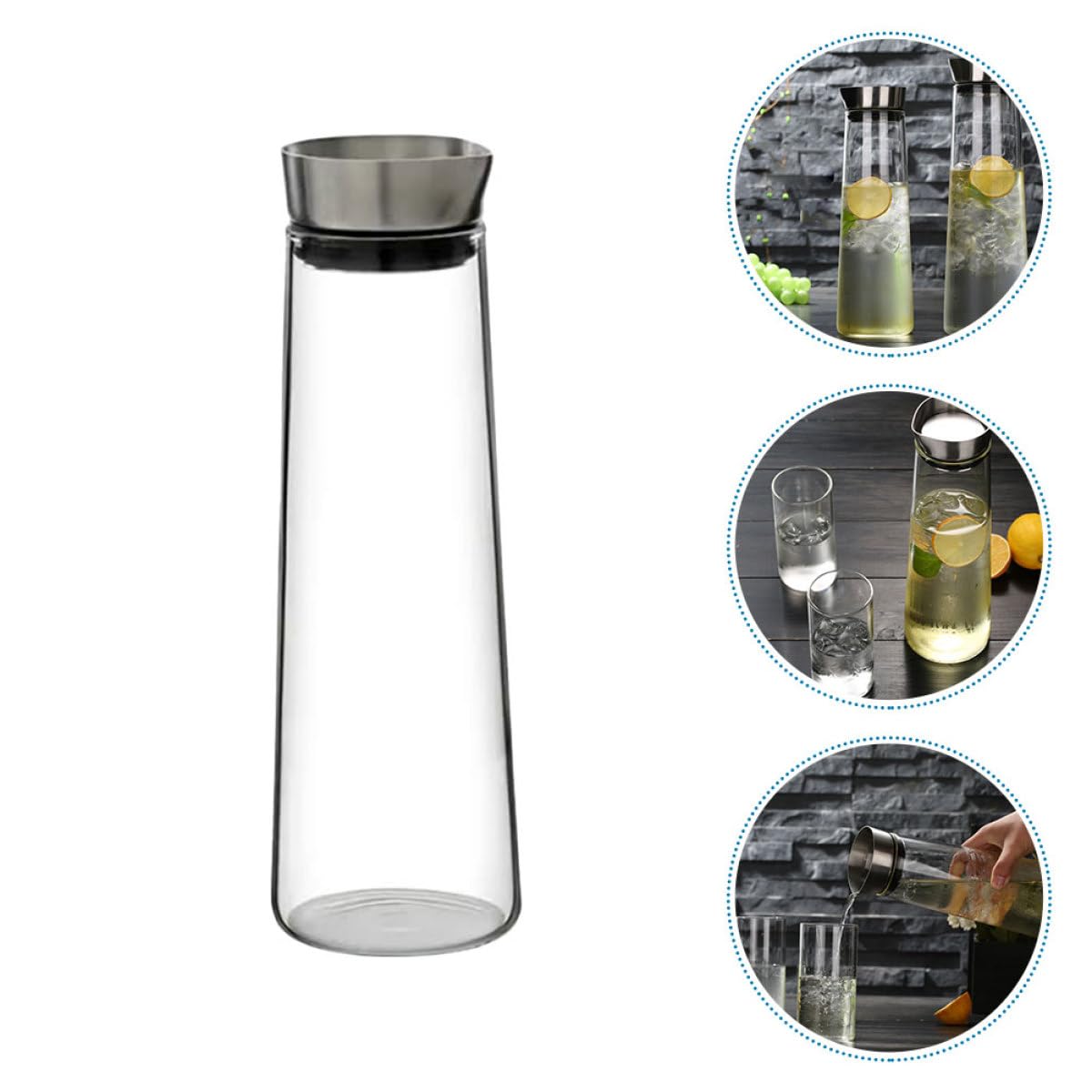 Jarra de Agua Fría de Vidrio de Borosilicato 1L Tapa de Acero Inoxidable Diseño Antidesbordamiento Recipiente Transparente para Bebidas en Casa y Oficina