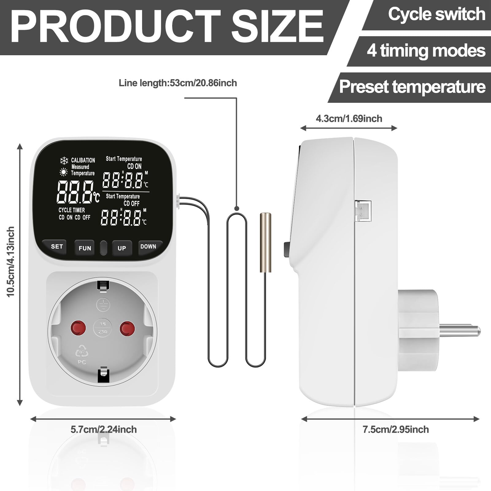 Thermostat Steckdose 230V Digitaler Temperaturregler Heizung Kühlen Thermostat mit Fühler Sonde Wasserdicht Temperaturschalter Digital Steckerthermostat für Gewächshaus, Aquarium, Terrarium Reptilien