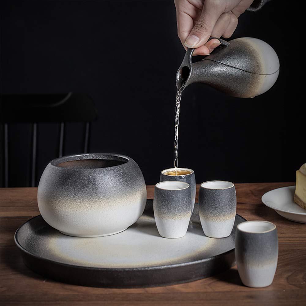 Juego de Sake de 7 Piezas, Juego de Sake de cerámica en Blanco y Negro de Dos Colores con Olla Caliente y Bandeja, para frío/Caliente/Shochu/té, Color increíble