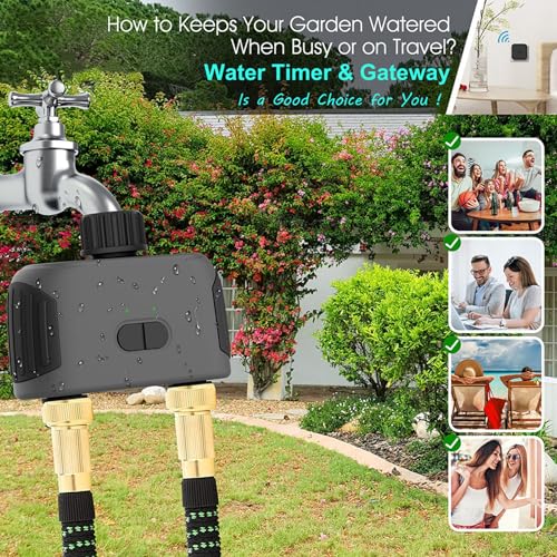 Timer per acqua, timer per irrigazione WiFi a doppia porta, timer automatico intelligente con controllo app, ritardo pioggia e visualizzazione del livello della batteria