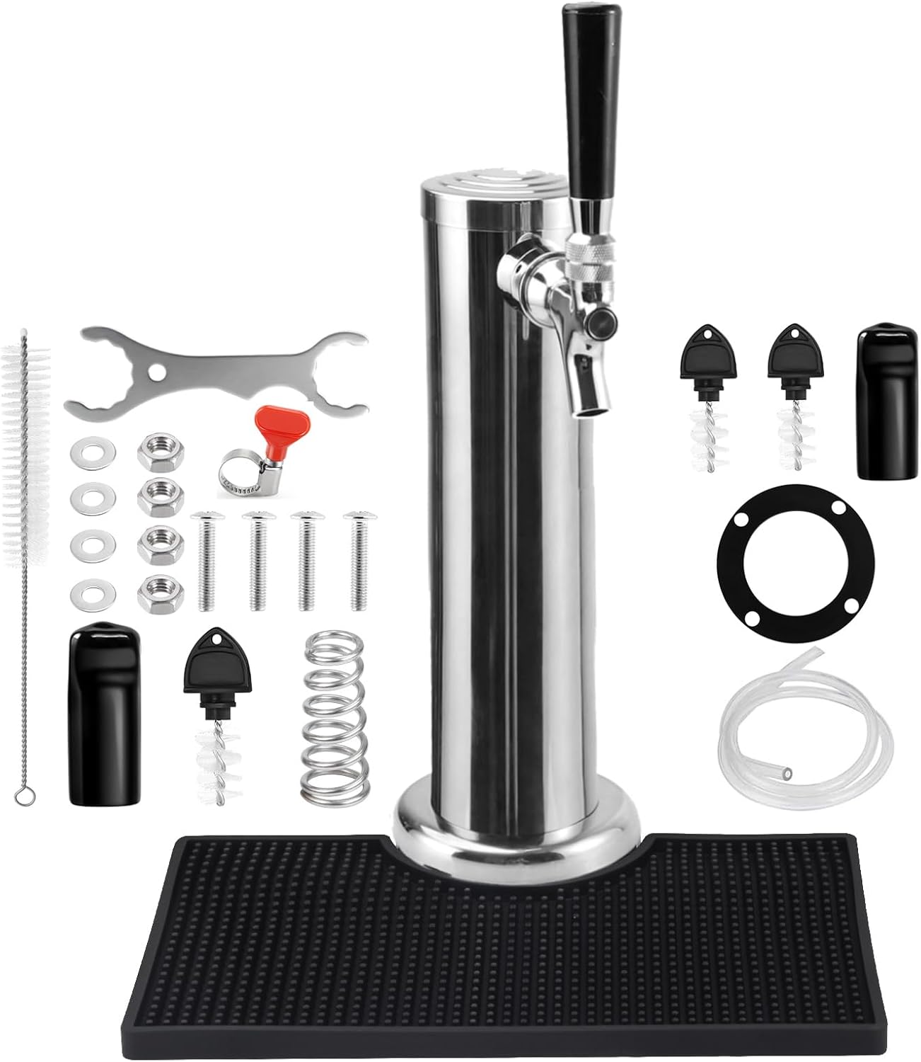Self-closing Single Tap Draft Beer Tower with Beer Drip Tray Mat, Stainless Polished 3” Flange Kegerator Beer Tap Tower with Pre-Assembled Tubing & Non-slip 4.5” Cutout Soft PVC Bar Drip Tray