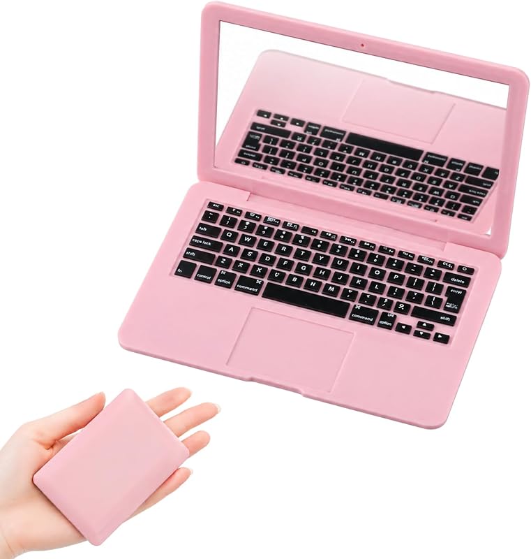 Espelho compacto dobrável em formato de laptop Psyqtsuary, rosa