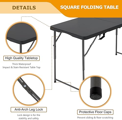 Miniatura 4 de FDW Mesa plegable de 4 pies, media mesa plegable portátil de picnic para oficina, hogar, campamento, fiesta (negro, 4 pies)