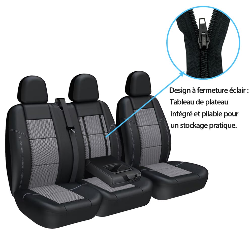 TOYOUN Housses de siège pour camionnettes, camions, universelles pour sièges Simples et Doubles – Sièges Simples et Doubles – Sièges en Cuir synthétique et Maille Filet – Noir et Gris, LHD