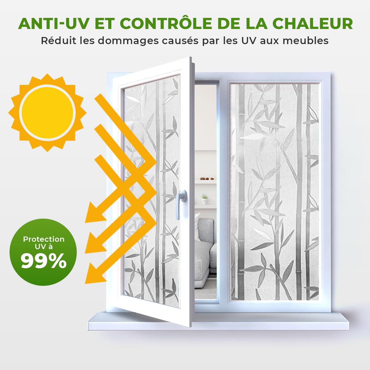 Ambiance Sticker Klebeband, Blickdicht, Bambus, für Fenster, elektrostatisch, Blickdicht, UV-Schutz, 45 cm x Länge 3 m | Hitzeschutzfolie, elektrostatisch, Anti-Hitze, UV-Schutz und reduziert Hitze, wasser- und kratzfest