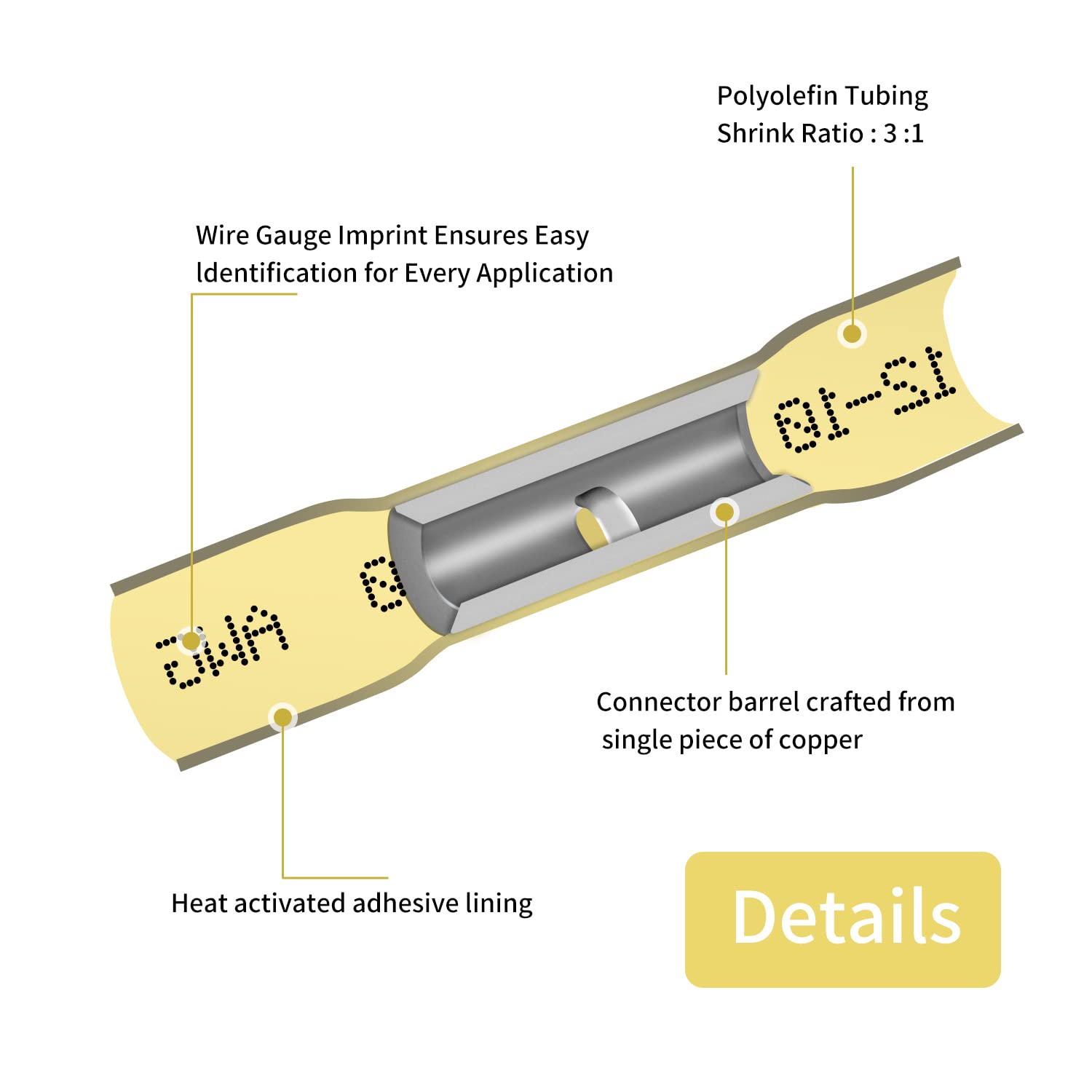 250 connettori termorestringenti per cavi, 12-10 AWG giallo impermeabile a crimpare connettori per cavi elettrici a crimpare giuntura terminali per cavi automobilistici marini