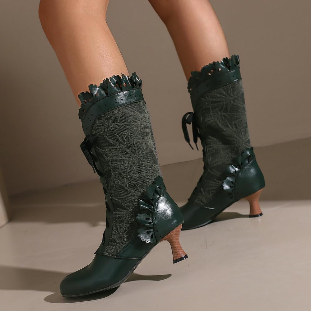 Women Victorian Boots Halloween Witch Granny Costume Medieval Renaissance Gothic Shoes Mid Calf Lace Up Dress kitten Heels Booties (Green-7736, 35, Adult, Women, 5.5, Numeric, US Footwear Size System, Medium)