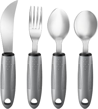 AuntyFey 4PCS Weighted Adaptive Utensils, Parkinsons Utensils for Hand Tremors, Elderly, 3.5oz Weighted Utensils for Tremors and Parkinsons Patients, Disabled Gray, Straight