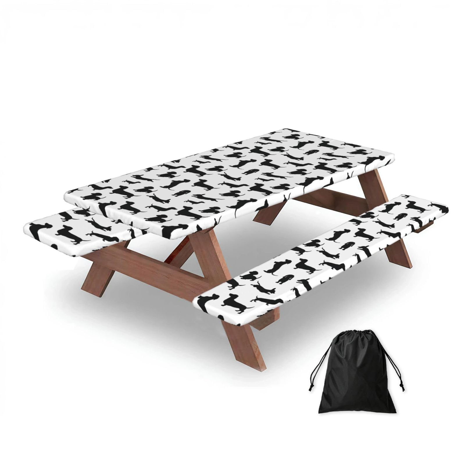 Dopklna As Picture Monochrome Dachshunds, Picnic Table Cover With Bench Covers -Waterproof Elastic Fitted Tablecloth For Garden Camping Patio 76X152cm