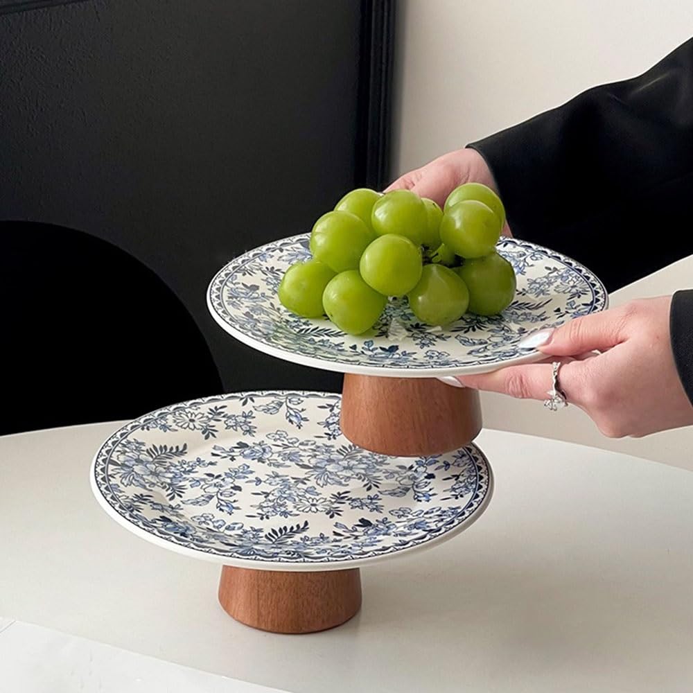 corbeille de fruits Coupe à fruits décorative sur pied en céramique avec base bois, ornée de motifs floraux