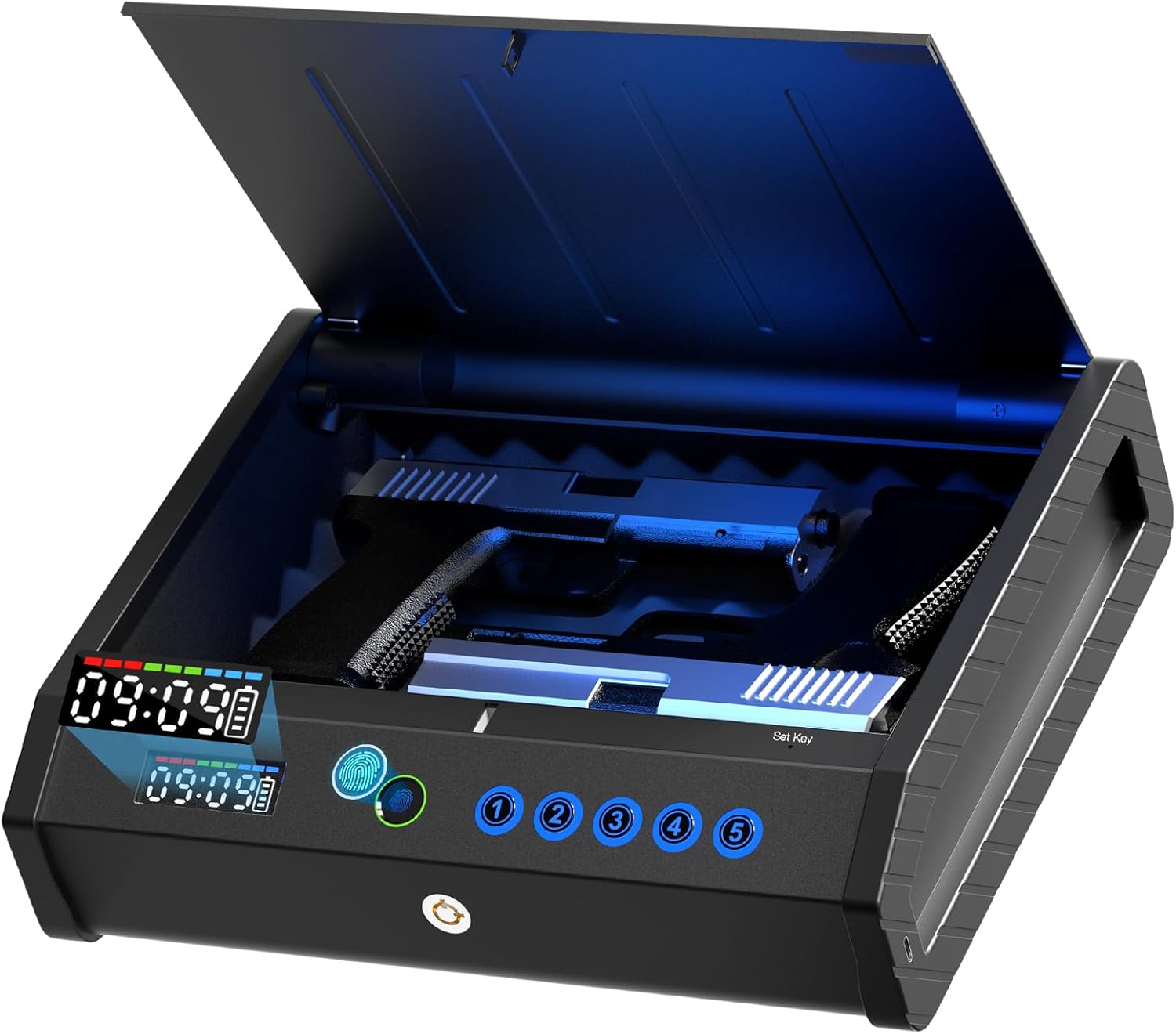 Javieruis Gun Safe Biometric Pistol Safe 3 Ways Quick Access with Fingerprint/Digital Keypad/Key 100 Groups of Fingerprint LCD Display Handgun Lock Box for Nightstand Car