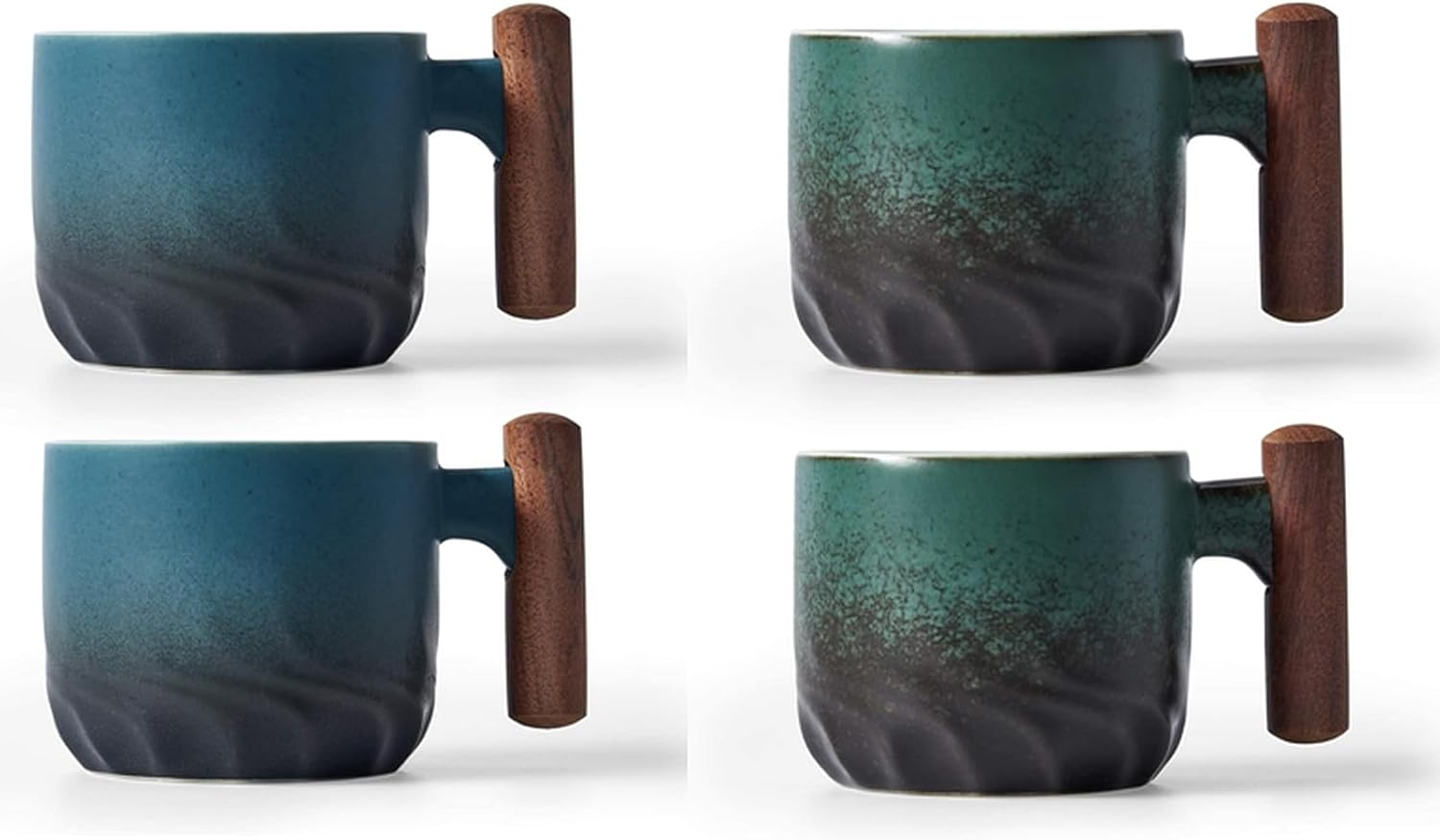 2.5oz Ceramic Espresso Cups with Wooden Handle, Chinese KungFu Tea Cup, Coffee Cups Set of 4 (Green/Blue)