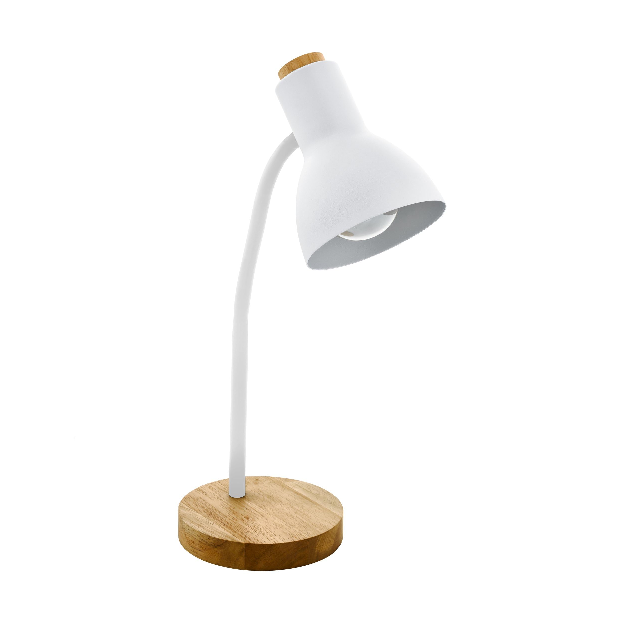 EGLO lámpara de mesa Veradal, iluminación de escritorio de 1 luz, luz de mesa de metal, material artificial en blanco, madera en marrón, con interruptor, casquillo E27