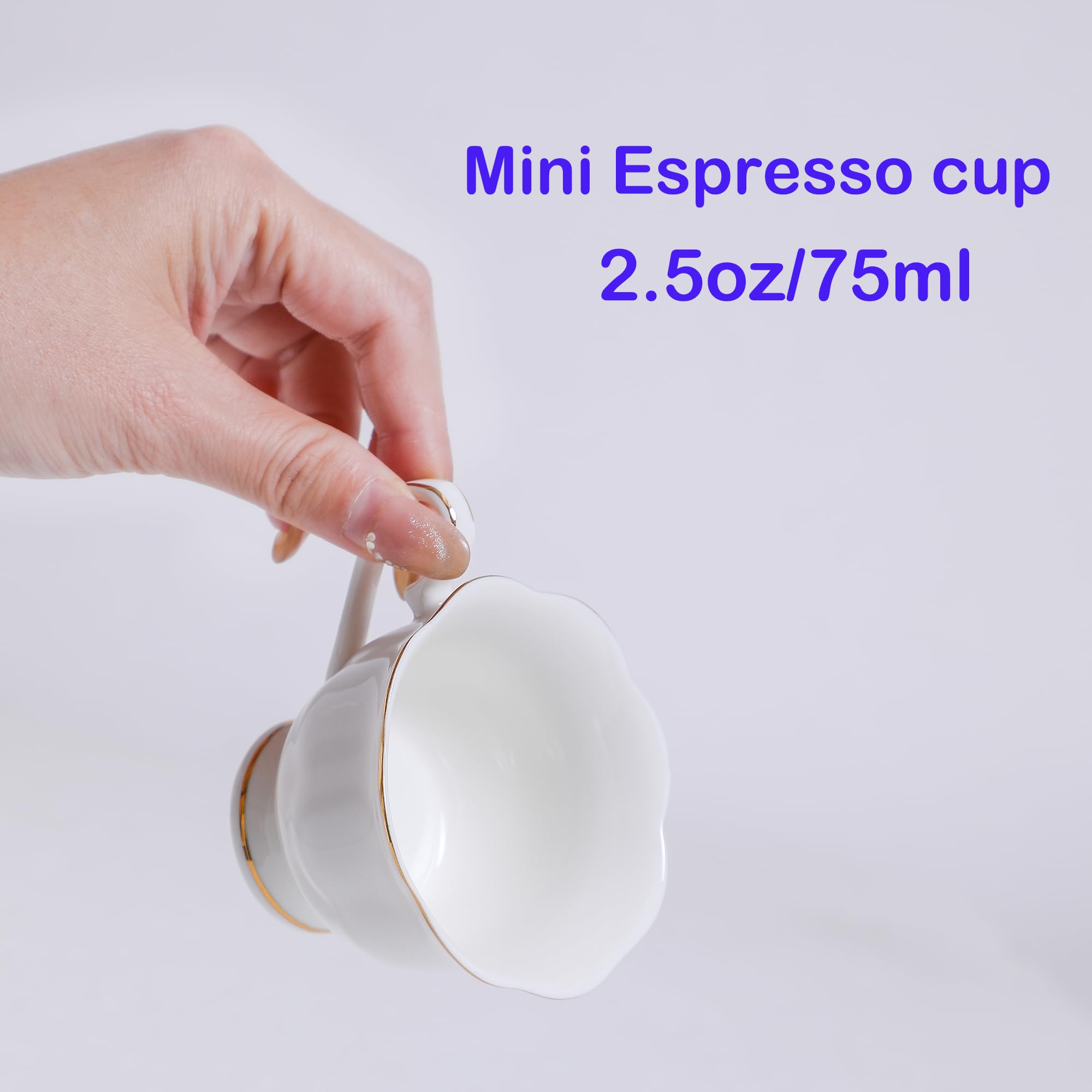 Juego Demitasse de porcelana blanca de 8 piezas, juego de tazas y platillos de 2.6 onzas, elegante diseño de ribete blanco y dorado, perfecto para espresso y café turco, regalos