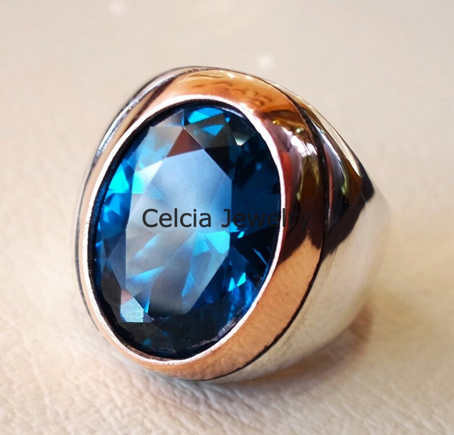 Anillo de piedra enorme ovalada de circón cúbico azul vivo profundo natural, anillo de sello de plata de ley 925 sólida, anillo de declaración, anillo de compromiso de boda