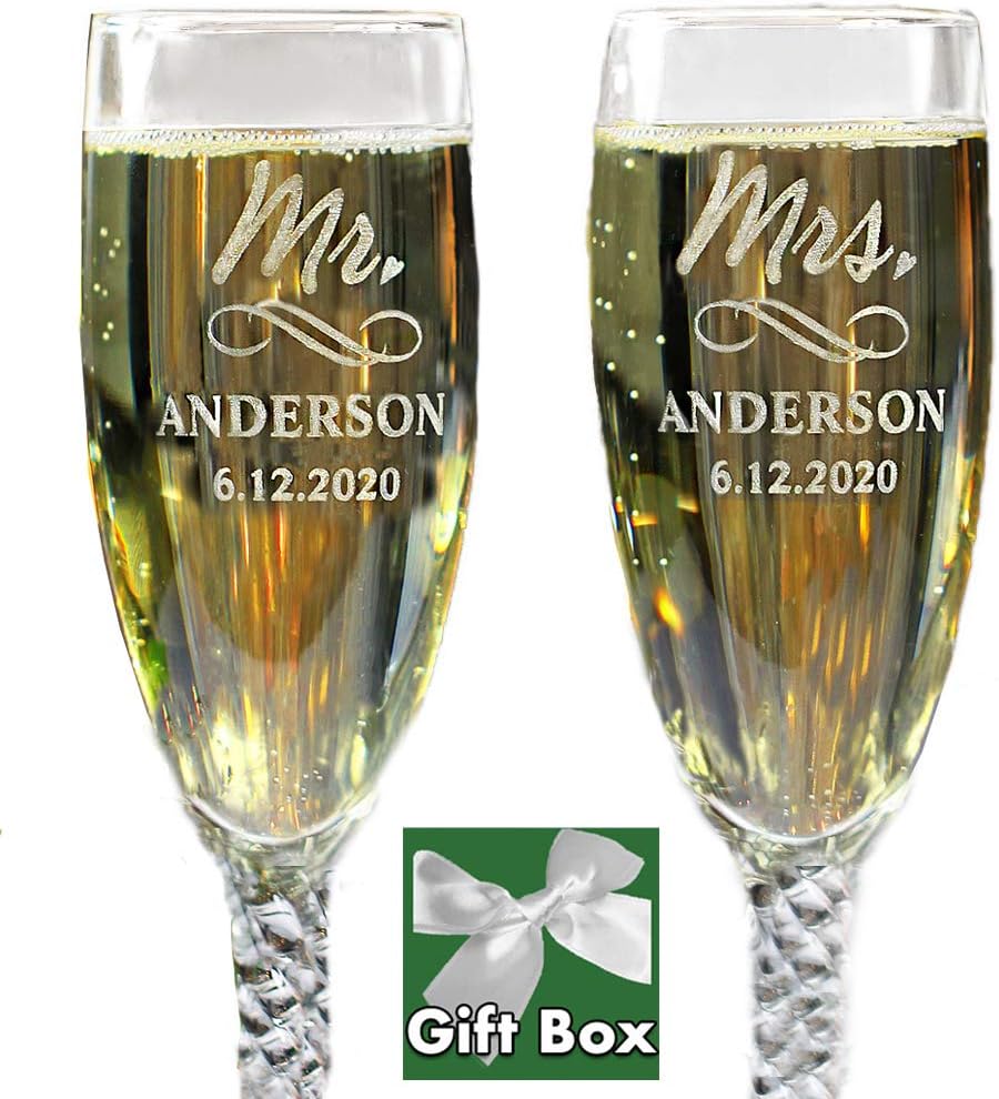 Personalized Mr and Mrs Wedding Toasting Champagne Flutes, Set of 2, Engraved Customized Glasses for Bride and Groom, Gift Box Included