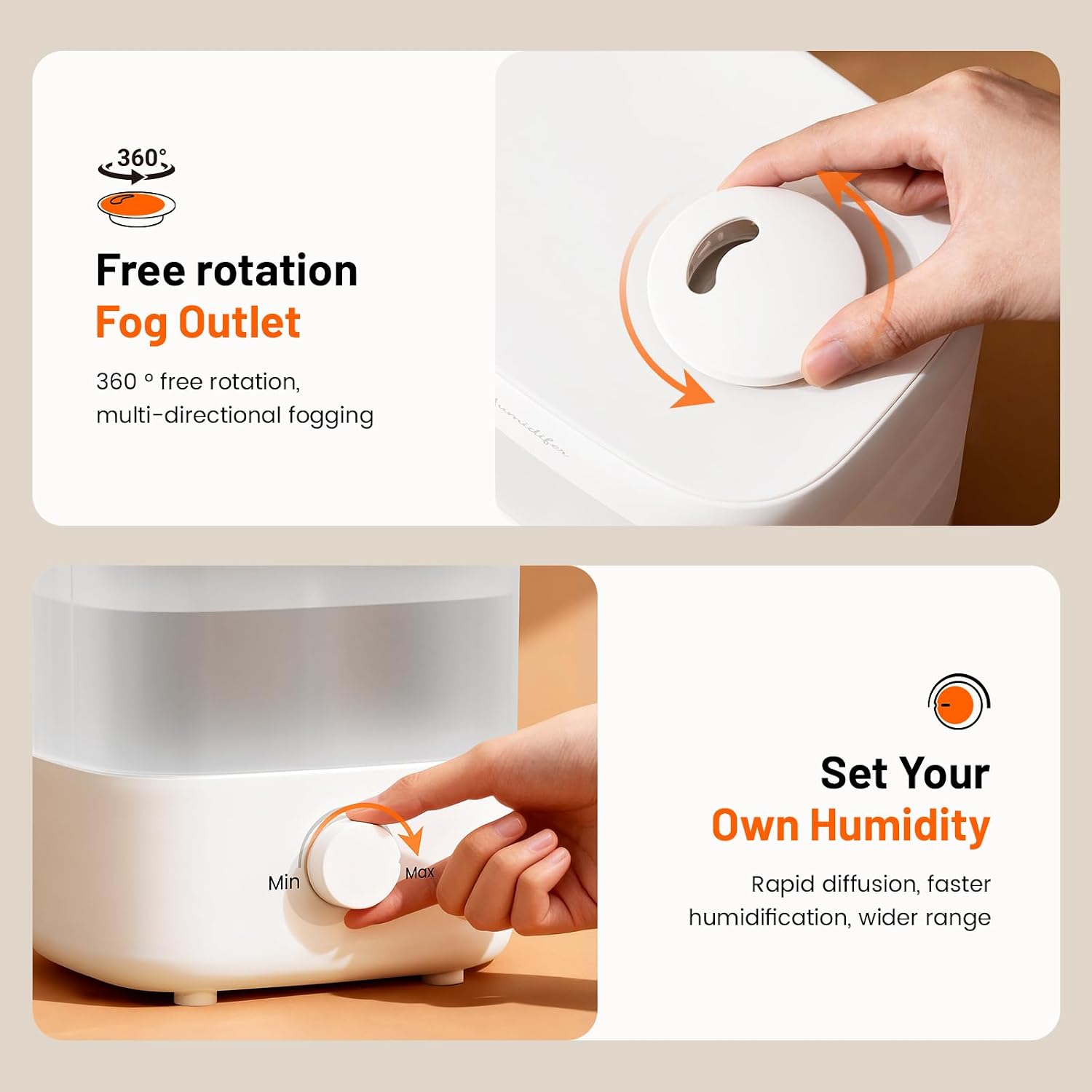 Humidifiers for Bedroom, 2L Tank for 15H, 20dB Quiet Mist Time, Dual Nozzles, Auto Shut-Off, Rotate to Adjust Mist Intensity, Rapid Ultrasonic Humidification for Baby Nursery and Plant (White04)