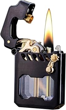 Retro trench kerosene lighter, transparent oil tank semi-automatic classic rocker lighter, windproof copper design, refillable fuel, suitable for indoor and outdoor use fuel not includedBlack