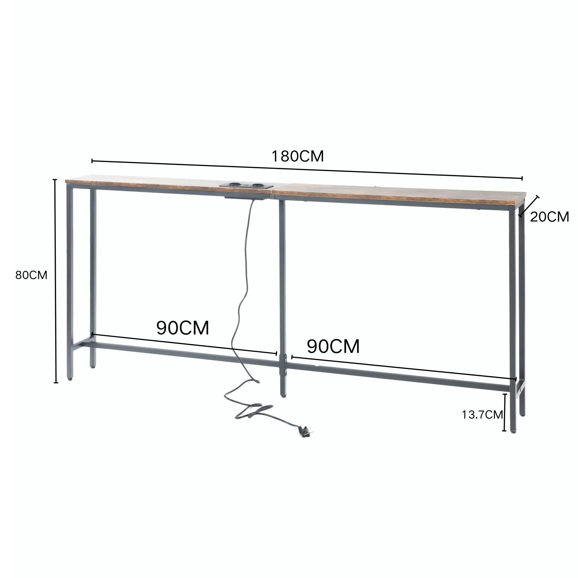 FurnitureR Rangements pour Bar Industrielle 180cm avec Prise, Console Métal et Bois, Longue Table de Bar pour Salon, Zones D'attente et de Recharge, Brun Rustique